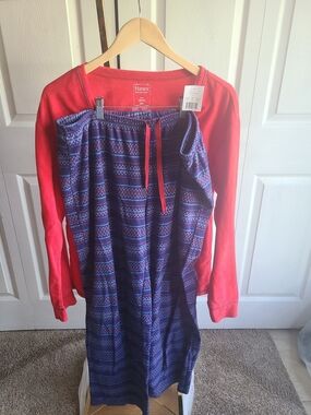Hanes Red Long-Sleeve Top with Navy Patterned Pajama Pants